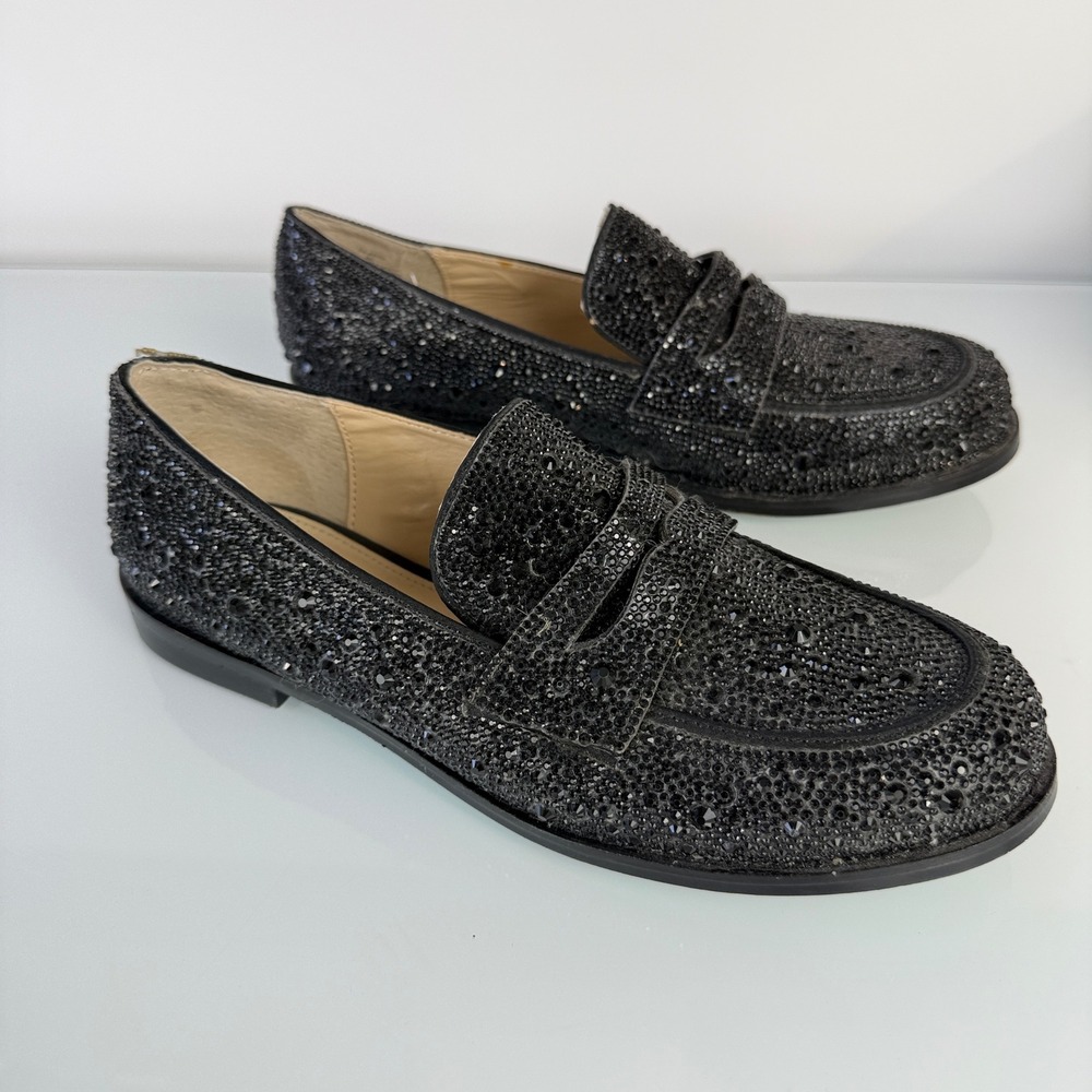Betsey Johnson Aron Penny Loafers Womens 7.5 Black Rhinestone Embellished - Picture 2 of 12